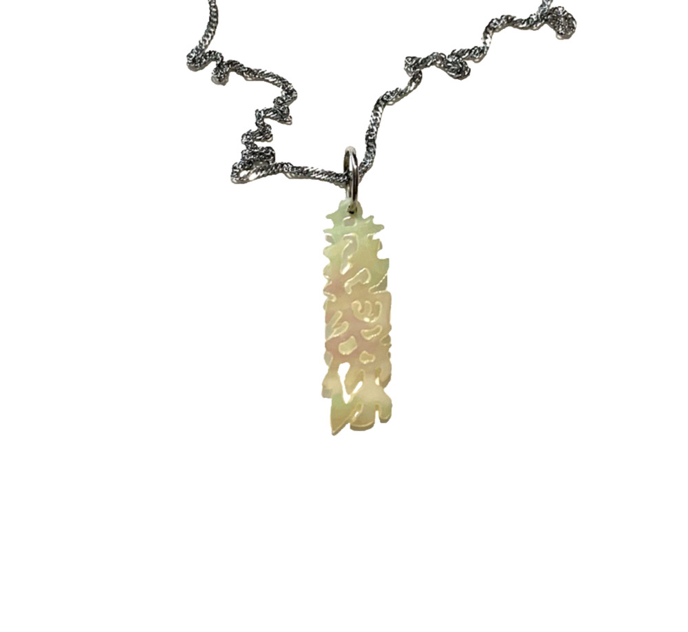 Vtg Open Work MOP Pendant Necklace Dragon Chinese Characters 18K WG Plated Chain